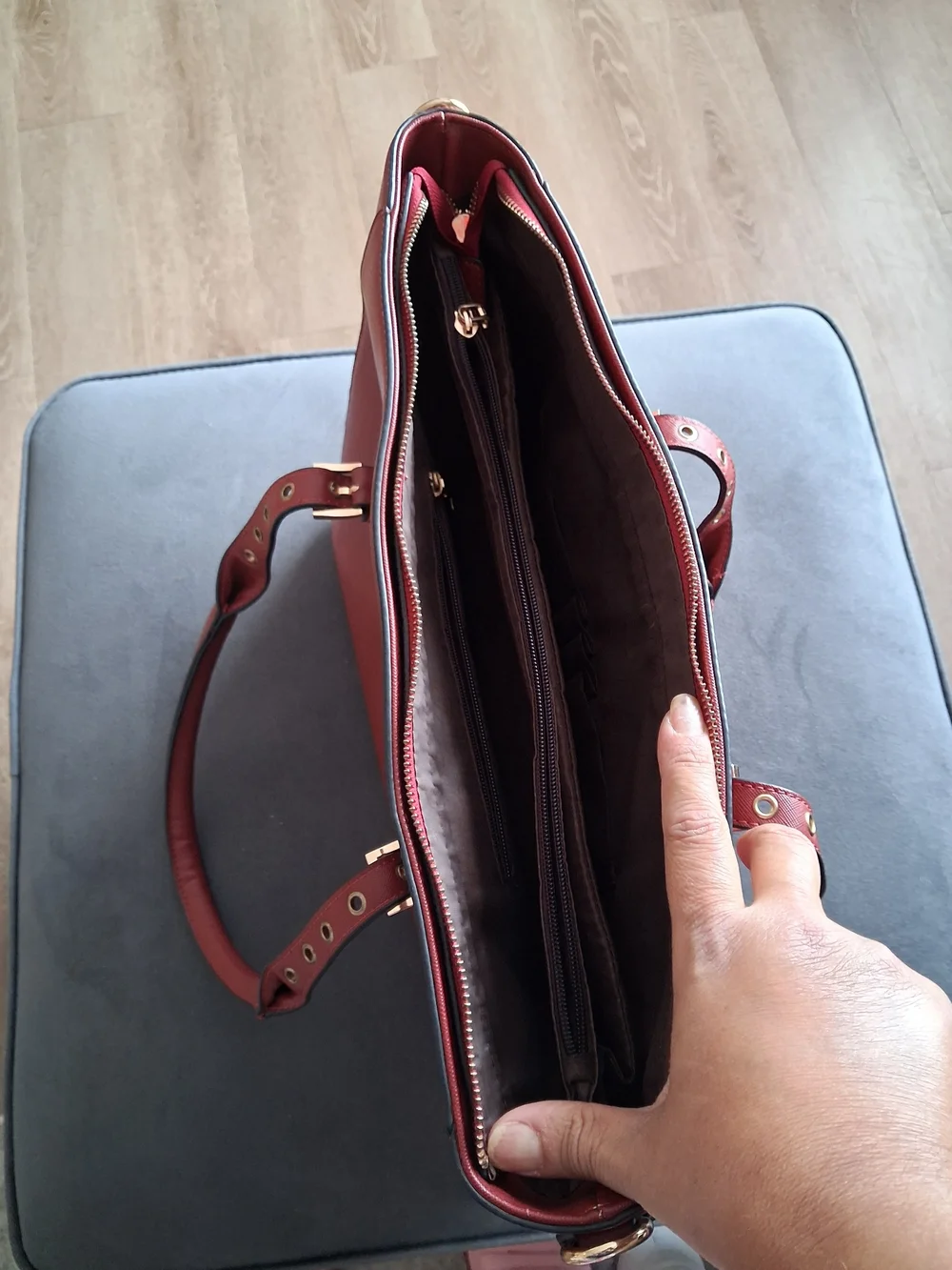 Structured Burgundy Leather Tote with Gold-Tone Accents